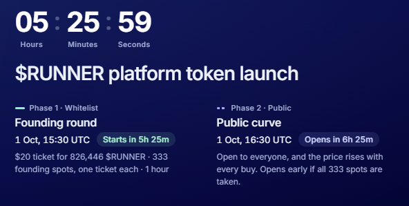 A countdown timer showing 5 hours, 25 minutes, 59 seconds for the '$RUNNER platform token launch' with details on Phase 1 Whitelist (Founding round) and Phase 2 Public (Public curve) sales.
