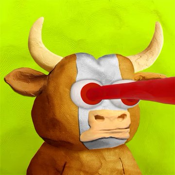 The image shows a stylized bull's head wearing a silver mask with a red laser beam shooting from its eye, set against a bright green background. This aligns with the post's hype about "Clay StonKz" NFT collection, with the bull symbolizing bullish market gains and the laser-eye meme representing crypto/NFT traders' aggressive bullish sentiment toward the project.