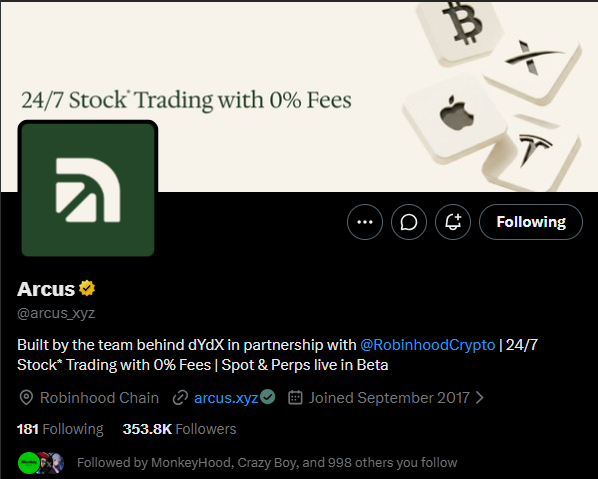 A social media profile for 'Arcus' (@arcus.xyz) advertising '24/7 Stock* Trading with 0% Fees', built by the team behind dYdX in partnership with Robinhood Crypto, with 353.8K followers.