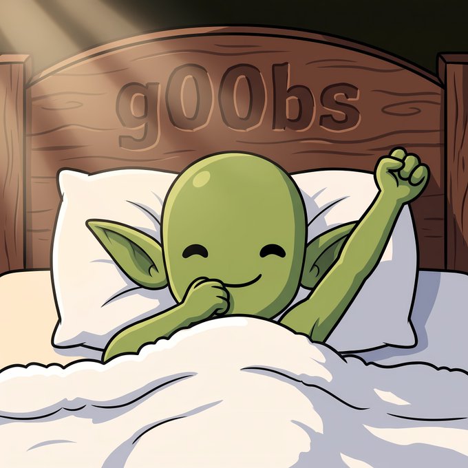 A cartoon illustration of a smiling green goblin-like creature waking up in bed, stretching one arm, with the word "goobs" carved into the wooden headboard.