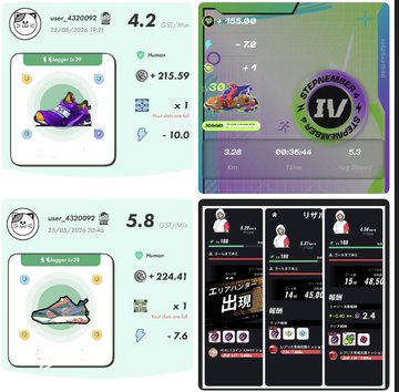 A collage of four images displays a purple shoe, a green shoe, and two fitness trackers with different time intervals for distance traveled.