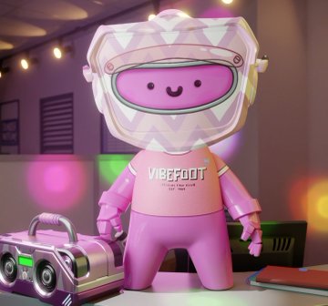 A pink robotic figurine wearing a clear helmet with a cute smiling face, standing next to a small boombox, with "VIBEBOOT" text visible on its chest.