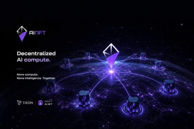 A dark promotional image for 'AINFT' advertising 'Decentralized AI compute' with the tagline 'More compute. More intelligence. Together.' featuring a purple crystal logo connected by light beams to multiple nodes.