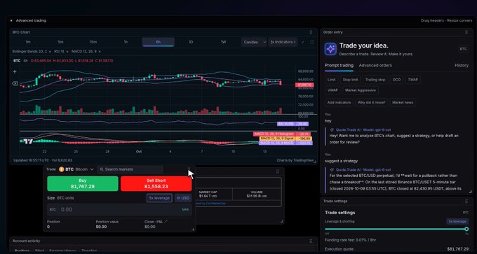 A cryptocurrency trading interface showing a BTC/USDT chart with Bollinger Bands, MACD indicator, and an active trade panel displaying Buy at 81,767.29 and Sell Short at 81,558.23.