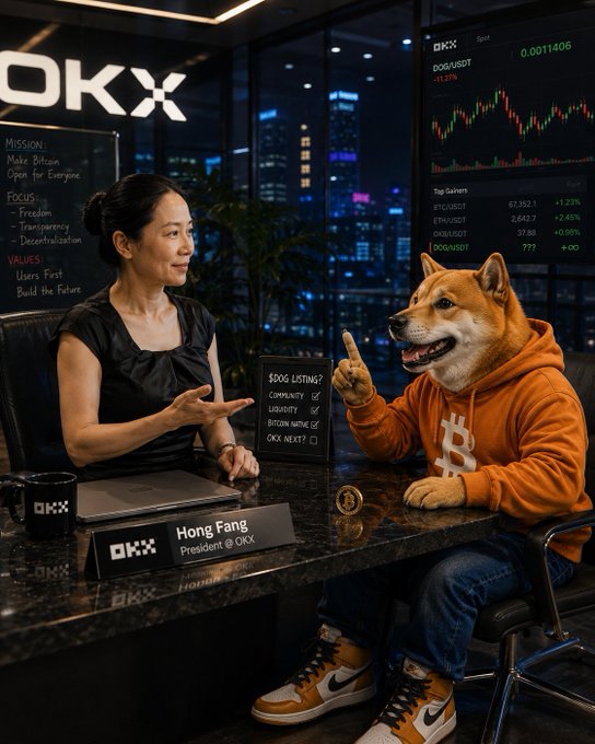 A staged scene depicts a woman with a nameplate "Hong Fang, President @ OKX" sitting across from a person wearing a Shiba Inu dog mask and orange Bitcoin hoodie in a cryptocurrency office featuring "OKX" branding.