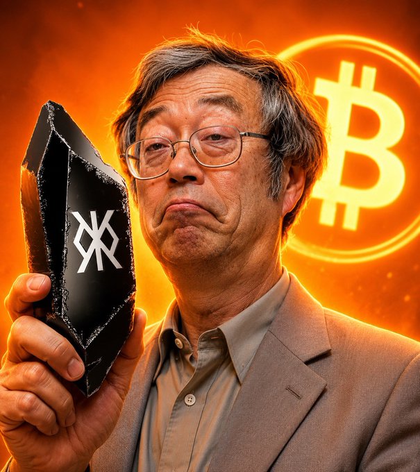 A stylized digital illustration shows a man with glasses holding a Bitcoin-themed crystal with a logo on it, set against a fiery orange background featuring a large glowing Bitcoin symbol.