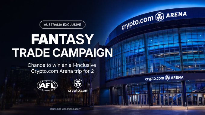This image advertises the "Fantasy Trade Campaign" for Australian users, featuring the Crypto.com Arena and AFL logos, offering a chance to win a trip for two to the arena. It visually promotes the campaign's grand prize, a trip to the named venue central to the promotion.