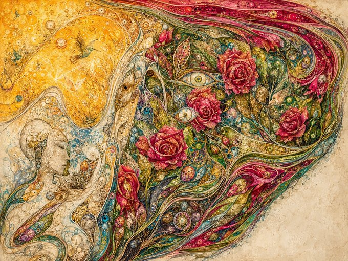 A vibrant, ornate illustration filled with roses, an all-seeing eye, a hummingbird, and intricate floral patterns in warm reds, golds, and greens.