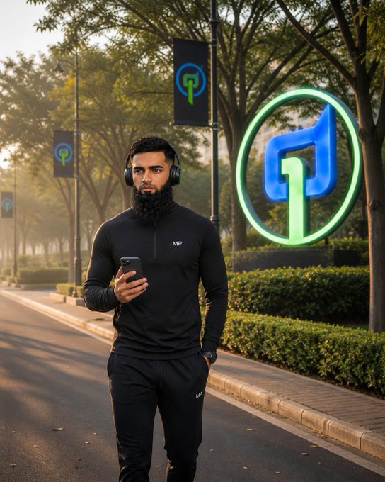 A man in black athletic wear with "MP" branding walking down a tree-lined street while looking at his phone, with glowing blue and green "P" logos visible in the background.