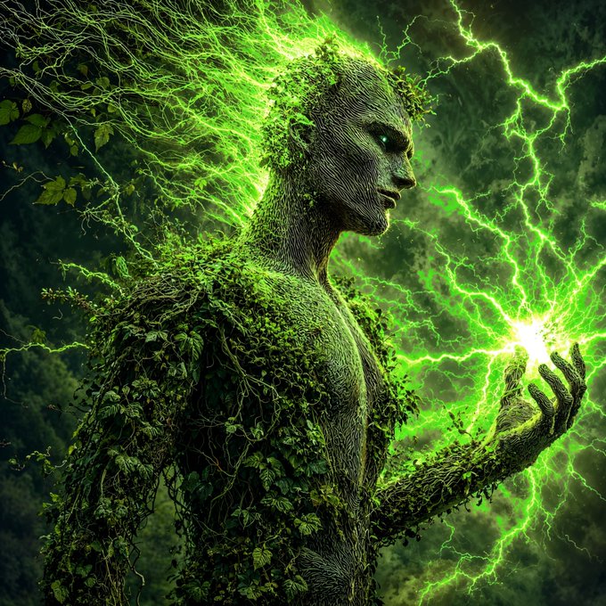 A digital artwork depicting a humanoid figure made of wood and leaves surrounded by green lightning and energy.
