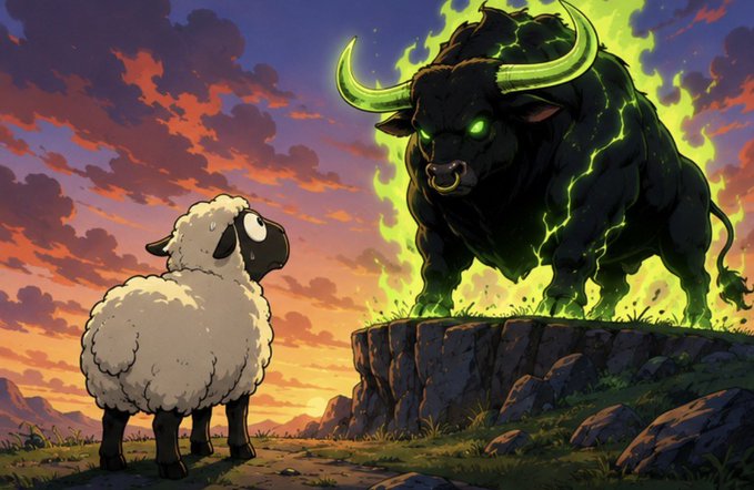A small, fluffy white sheep stands calmly on a grassy plain at sunset, gazing up at a massive, glowing green-eyed black bull wreathed in ethereal flames atop a rocky cliff. The image visually captures the "$Sheep follow bros" meme, illustrating the contrast between the naive, timid sheep blindly following a far more powerful, dangerous entity.
