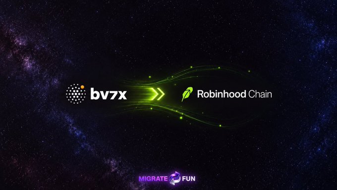A promotional graphic against a starry space background showing a migration from 'bv7x' to 'Robinhood Chain' with the text 'MIGRATE TO FUN' at the bottom.
