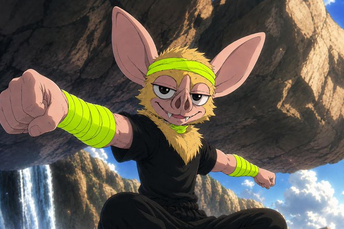 Anime-style illustration of a muscular anthropomorphic bat character wearing a neon green headband and wristbands, posing with a raised fist against a rocky background with waterfalls.