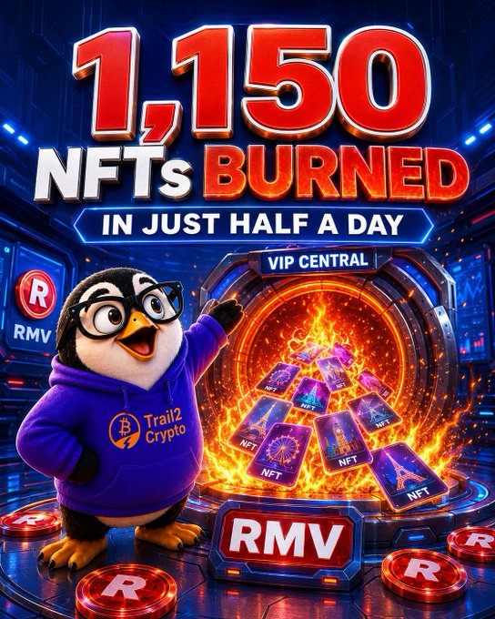 An animated penguin wearing glasses and a 'Trail2 Crypto' hoodie gestures toward burning NFTs, with text reading '1,150 NFTs BURNED IN JUST HALF A DAY' and 'VIP CENTRAL' and 'RMV' logos visible.