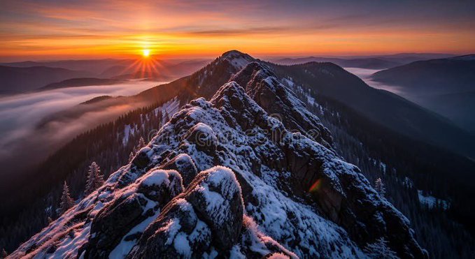 A breathtaking mountain peak at sunrise with snow-dusted rocky ridges rising above a sea of clouds, complemented by a faint "Dreamstime" watermark across the center. The majestic alpine sunrise mirrors the awe of the post's "Another Morning" — both celebrating the beauty of a fresh start, with the caption's GM and money-making vibe playfully contrasting the serene, priceless view above the cloud line.