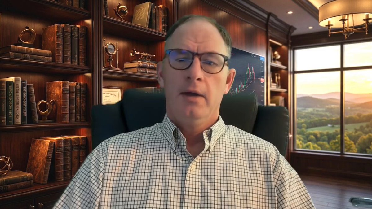 The image shows a man wearing glasses sitting in an office chair, with a window behind him that offers a view of mountains. The man appears to be talking or giving a presentation, as indicated by his facial expression. There are several books visible on shelves around the room, suggesting a workspace or study area.