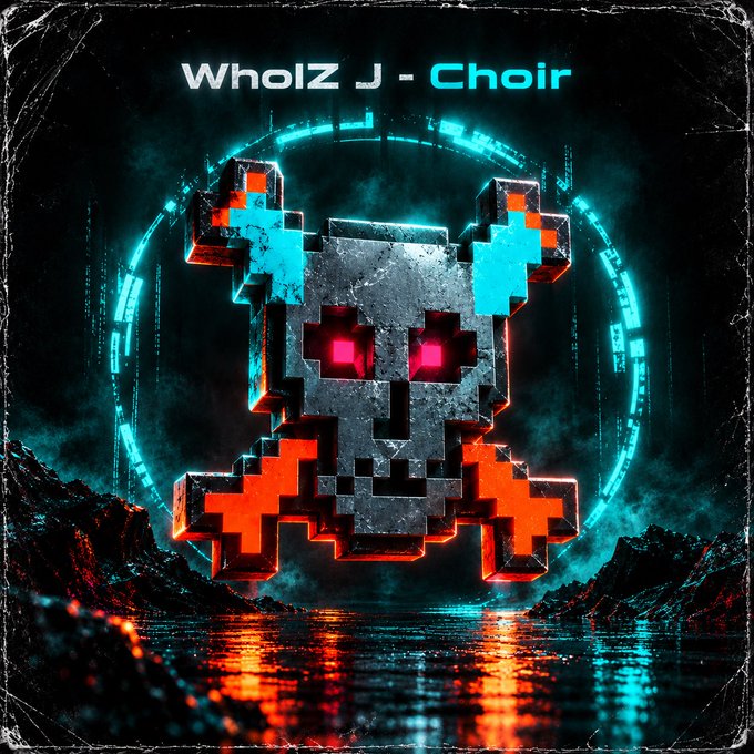 A digital artwork for "Wholz J - Choir" features a 3D pixelated skull character with glowing cyan and red accents standing on a reflective surface.