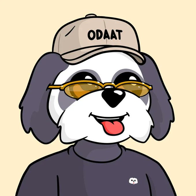 A cartoon dog with floppy ears wears a beige baseball cap reading "ODAAT," yellow-tinted sunglasses, and a black shirt, with its tongue playfully sticking out—fitting the playful "!woof @bodoggos" vibe of the post.
