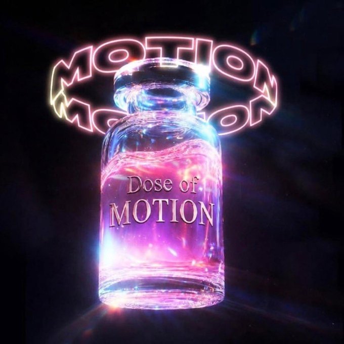 A glowing neon-style digital artwork featuring a glass bottle labeled 'Dose of MOTION' filled with pink liquid, surrounded by circular neon 'MOTION' text on a dark background.