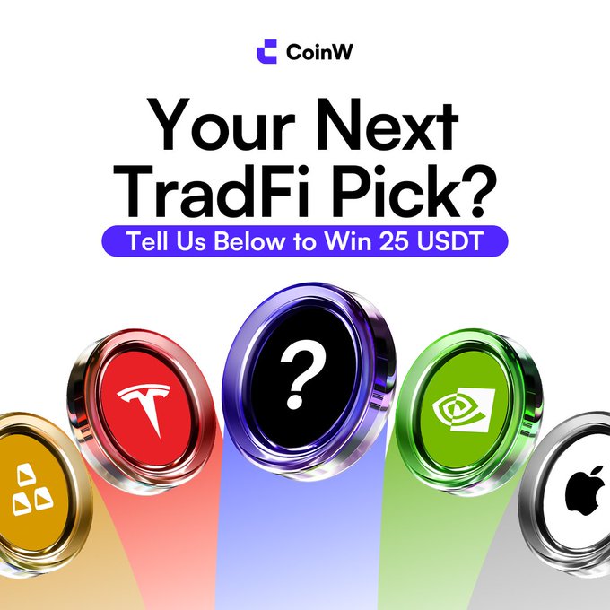 The image features five different colored coins, each with unique designs and symbols, arranged in a row against a white background. The text "Your Next TradFi Asset Do You Want Next? Stocks? ETFs? Commodities?" is displayed above the coins, inviting viewers to participate in an online auction for these assets. The post encourages users to comment on their preferred asset type or cryptocurrency and enter their choice into the provided fields. The goal of this auction is to determine which asset type will be listed first in airdrop notifications.