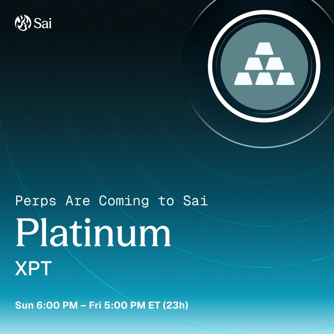 Sai promotional graphic announcing 'Perps Are Coming to Sai Platinum XPT' trading session Sun 6:00 PM – Fri 5:00 PM ET (23h), featuring gold bars icon.
