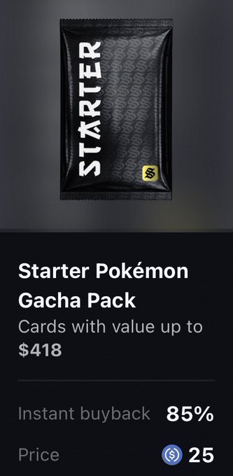 The image shows a digital "Starter Pokémon Gacha Pack" available for $25 (paid via SolFlare in $SOL), advertised as containing cards worth up to $418 with an 85% instant buyback. It serves as the promotional graphic for a giveaway where participants must like, retweet, and drop their SolFlare wallet address to win the pack within 4 hours.