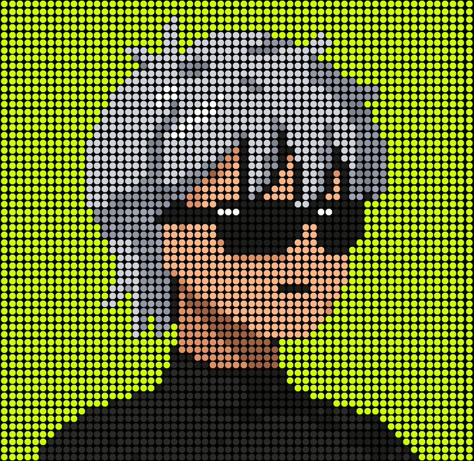 Mosaic-style pixelated portrait of a person with long gray hair, wearing glasses, a black t-shirt, and a tan/beige apron, set against a bright yellow-green background.