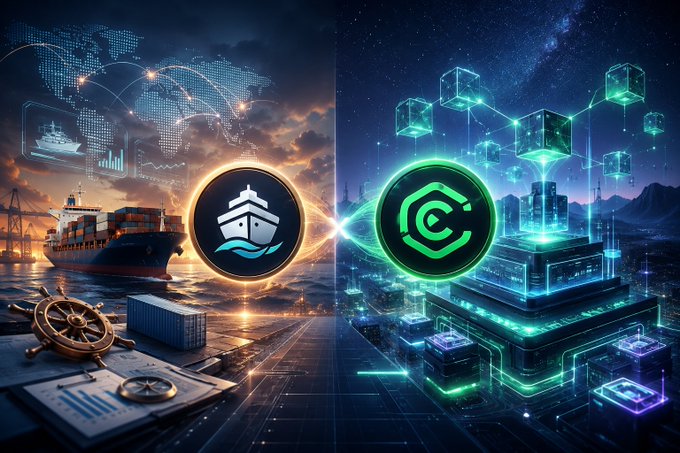A split-screen illustration showing traditional maritime logistics with cargo ships, shipping containers, and a ship's wheel on the left, contrasted with a futuristic green digital blockchain ecosystem of glowing cubes on the right, with two circular logos bridging the two halves.