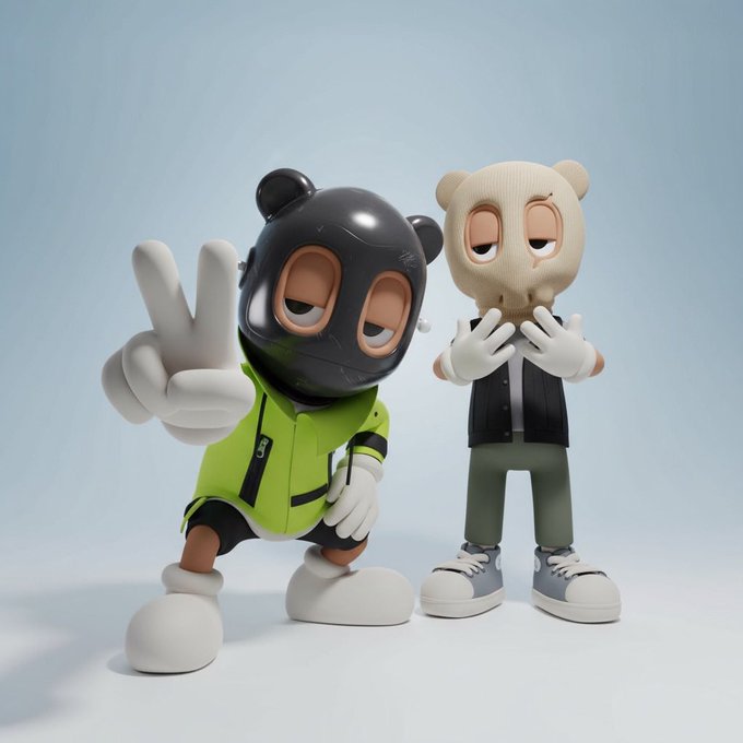 A 3D render of two stylized cartoon figures—one in a green jacket making a peace sign, the other in a beige bear mask—standing against a light background.