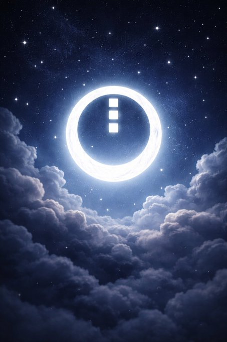 An artistic, dreamy illustration of a glowing white crescent moon with three rectangular shapes in its center, floating in a starry night sky above dark, billowy clouds.