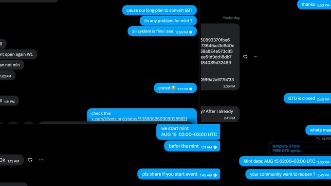 A dark-themed messaging app conversation discussing plans for converting SBT, minting details, and an event scheduled for August 15 from 02:00-03:00 UTC, with mentions of GTD closing and silver status links.