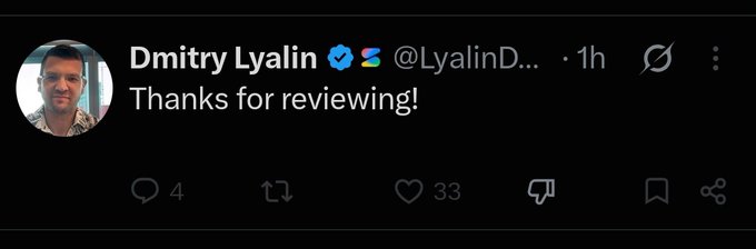 Dmitry Lyalin (@LyalinD), a Microsoft employee, tweets "Thanks for reviewing!" in response to a post criticizing his praise of AI models, with the tweet showing 33 likes and 4 replies.