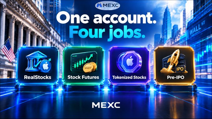 A MEXC promotional graphic with the headline "One account. Four jobs." showcases four investment options in illuminated tiles: RealStocks, Stock Futures, Tokenized Stocks, and Pre-IPO, set against a backdrop featuring Wall Street and the Apple logo. The image visually reinforces the post's message about how a single MEXC account unlocks multiple stock market functionalities—most users only tap into one, missing out on the platform's full potential during market events like the CPI-driven September rate hike uncertainty.