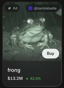 A nighttime image of a frog labeled "frong" ($FRONG) is shown with a market cap of $13.2M and a 52.3% increase, featuring a "Buy" button. The post uses the visual of the actual frog to humorously confirm the legitimacy of the $FRONG token created by @zacklabadie, playing on the fact that "frong" is just "frog" misspelled—matching the creature pictured.