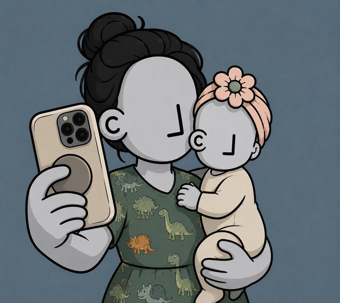 An illustrated cartoon shows a mother with a hair bun taking a selfie with her baby, who wears a pink flower headband and a cream outfit, while the mother sports a green dress patterned with dinosaurs; the faceless characters represent them as "NPCs," tying into the post's theme of every person having a unique story that begins with cherished family moments.