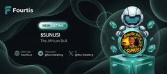 A stylized promotional graphic for the $UNUSI token, labeled "The African Bull," showing a floating astronaut-helmet character with a rocket backdrop, alongside the Fourtis exchange logo and social media handles. The image highlights the token's 200% gain, matching the post's celebration of its performance since listing.