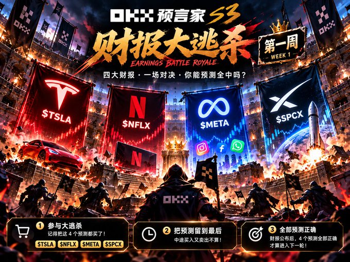 OKX promotional banner for 'Earnings Battle Royale' (财报大逃杀) Week 1, featuring battle-themed imagery for $TSLA, $NFLX, $META, and $SPCX.