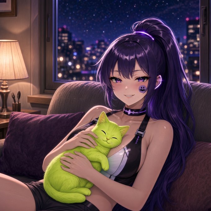 An anime-style illustration of a purple-haired girl in a black outfit holding a green cat on a couch, with a nighttime city skyline visible through the window behind her.