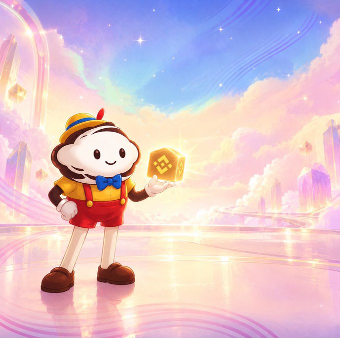 An illustration of a cute monkey mascot in a yellow shirt and red shorts holding a golden cube with the Binance (BNB) logo.