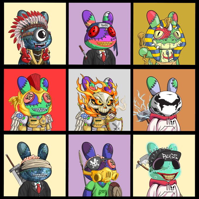 A 3x3 grid of colorful cartoon-style rabbit characters in various costumes including a Native American headdress, pharaoh, flaming skull, pharaoh with wings, and punk/gas mask outfits.