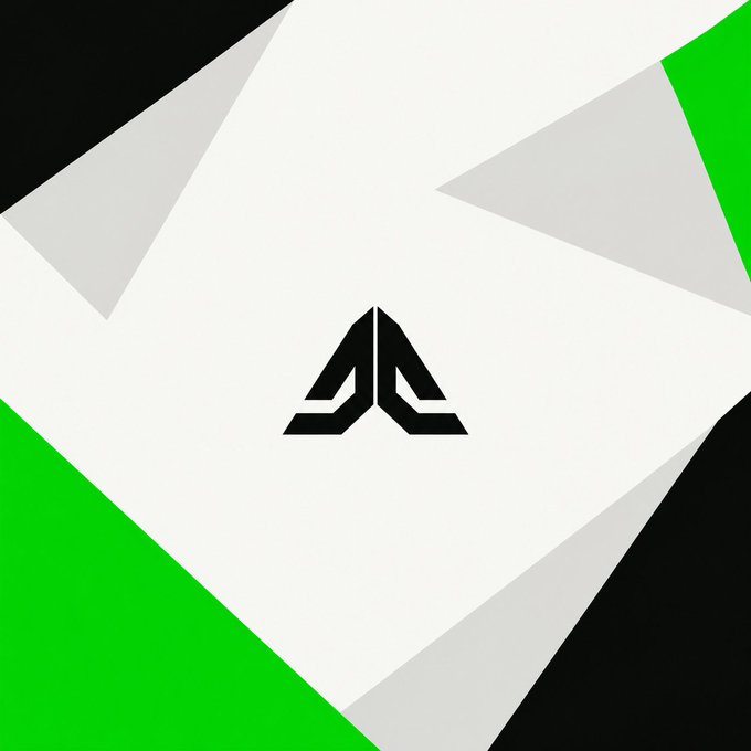 A geometric logo design featuring a black angular 'A' or triangular symbol on a light gray/white background with green and black triangular accents.