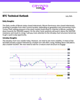 A 'BTC Technical Outlook' report from CryptoWZRD dated July 16th discussing Bitcoin's daily and intraday price action.