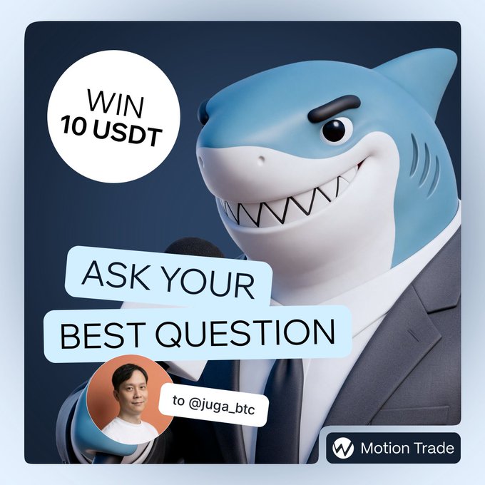 A promotional graphic featuring a cartoon shark in a suit invites users to “ASK YOUR BEST QUESTION” for a chance to “WIN 10 USDT,” with @juga_btc and the Motion Trade logo shown. It supports the accompanying post’s announcement of a 10 USDT giveaway for Builders Hub #8, asking viewers to follow @motiontrademm and @juga_btc, like and retweet the post, and leave their best question for J in the replies.
