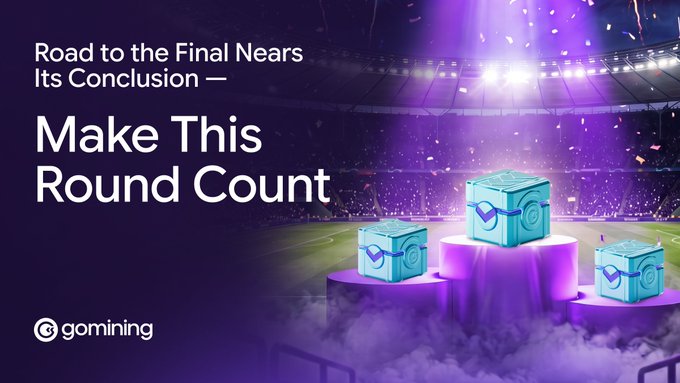 The image depicts a stadium scene with confetti, highlighting three diamond go-boxes on pedestals, alongside text that reads "Road to the Final Nears Its Conclusion — Make This Round Count" and the GoMining logo. This visually represents the urgency and importance of the current round in the competition, with winning leading to the final.