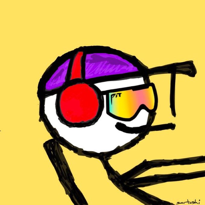 A digital drawing of a stick figure with a spherical head wearing a purple and red cap, red headphones, and yellow-tinted visor glasses against a yellow background, signed 'saotoshi'.