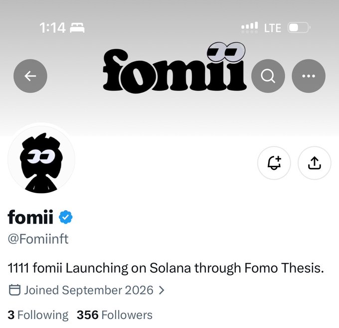 The image shows a Twitter/X profile page for "fomii" (@Fomiinft), featuring a hooded figure logo with sunglasses, displaying 356 followers and a bio stating "1111 fomii Launching on Solana through Fomo Thesis," which directly corresponds to the post's announcement of a free mint with a supply of 1111 NFTs on Solana, currently shilled at its early 356 follower count.