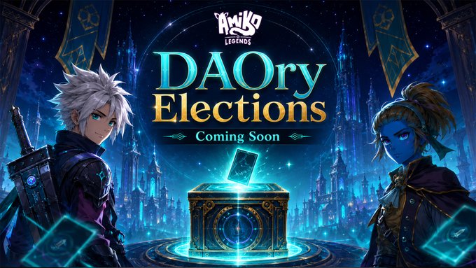 The image features two characters from a video game, one male and one female, standing together against a backdrop of blue skies and stars. The text "DAOry Elections" is displayed above them, indicating that they are participating in an upcoming election within the DAOry Legends community.

In the background, there's a castle with a banner flying from it, which reads "Coming Soon". This suggests that the image might be related to a promotional campaign for the DAOry Legends game or event. The characters and their surroundings create a sense of anticipation and excitement as they prepare for the upcoming elections in the DAOry community.