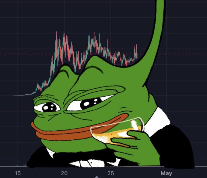 A Pepe the Frog meme sipping a cocktail is overlaid on a stock chart in red and green, suggesting a bullish market trend across dates marked 15, 20, and 25 in May.
