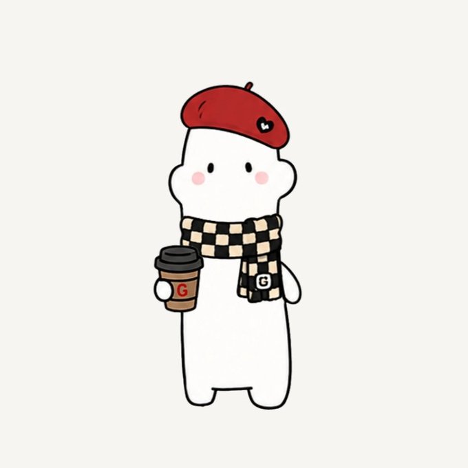 A cute cartoon illustration of a small white character wearing a red beret and a black-and-white checkered scarf, holding a coffee cup with a 'G' logo on it.