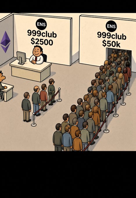 An illustration depicting a massive queue of people waiting at an 'ENS 999club' booth with a $50k tier, while a $2500 tier booth sits empty, with an Ethereum logo on the left.